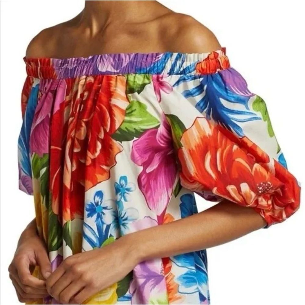 NEW FARM Rio Rainbow Chita Off Shoulder Maxi Dress Puff Sleeve Pink Floral L/XL - Picture 4 of 16